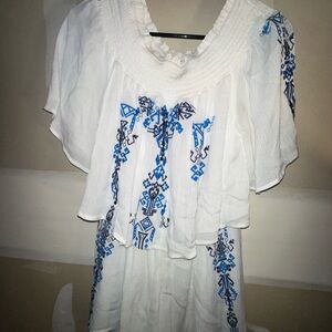 Embroidered White Blouse with Blue Accents